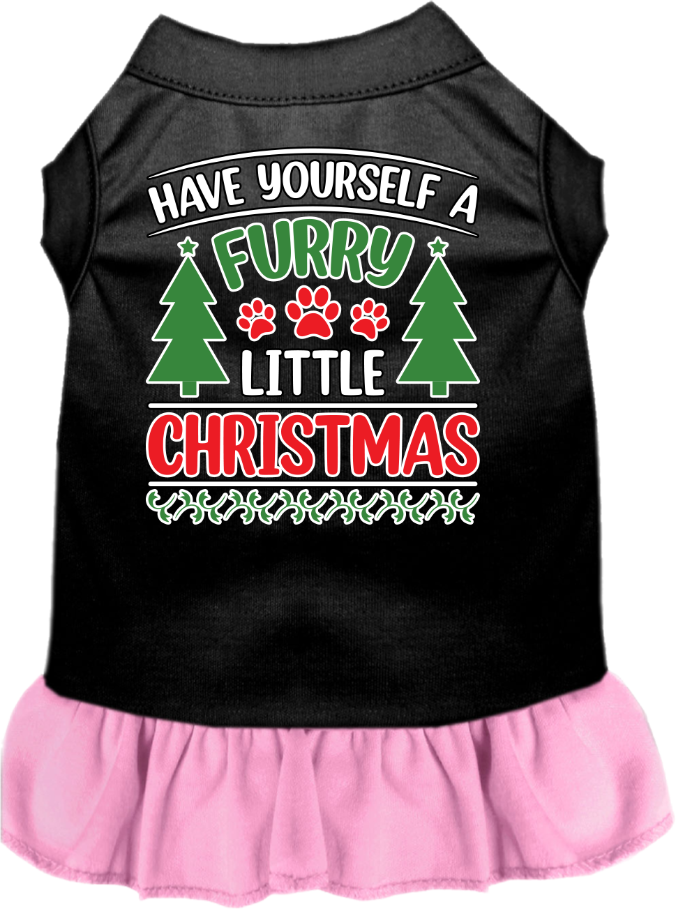 Furry Little Christmas Screen Print Dog Dress Black with Light Pink Size XS